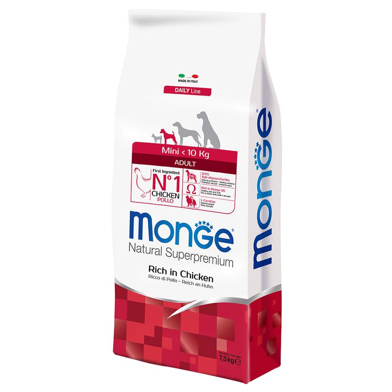 Monge Mini Adult Ricco in Pollo 7,5kg per cani taglia piccola, con pollo fresco, XOS e olio di salmone Monge Mini Adult Ricco in Pollo 7,5kg per cani taglia piccola, con pollo fresco, XOS e olio di salmone